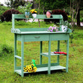 Garden Potting Bench Table, Wood Outdoor Workstation with Storage Cabinet and Planting Sink, Side Hooks and Bottom Shelf for Garden Supplies