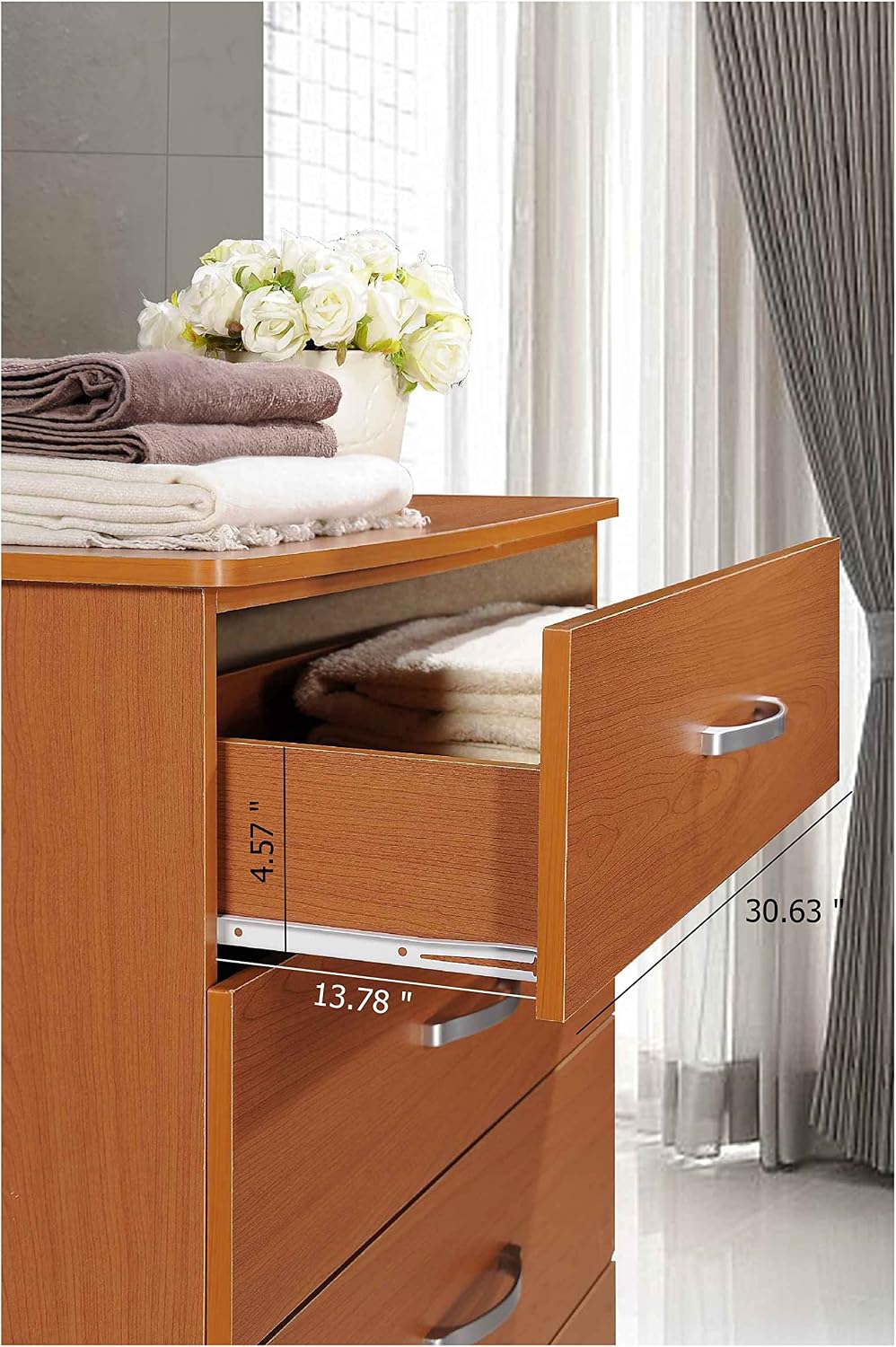 HODEDAH 5 Drawer Wood Dresser for Bedroom, Chest of Drawers with Metal Rails for Support when Storing Clothing, Cherry, 47.8x31.5 inches