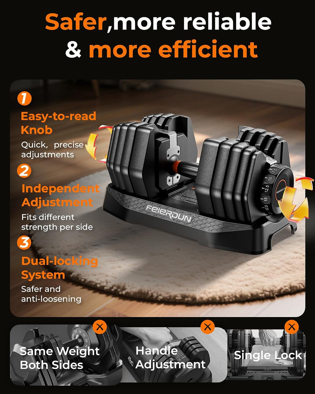 FEIERDUN DB1 QuickDial Adjustable Dumbbell Set, 15-in-1 Adjustable Weights with Storage Box & App, 105lb/52.5lb Quick Change for Drop Set, Superset & HIIT Home Gym, Non-Slip Handles, 3-year Aftersale Service