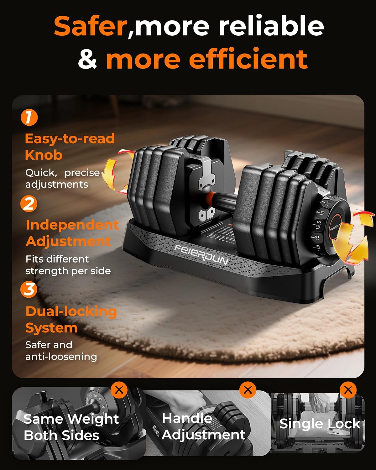 FEIERDUN DB1 QuickDial Adjustable Dumbbell Set, 15-in-1 Adjustable Weights with Storage Box & App, 105lb/52.5lb Quick Change for Drop Set, Superset & HIIT Home Gym, Non-Slip Handles, 3-year Aftersale Service