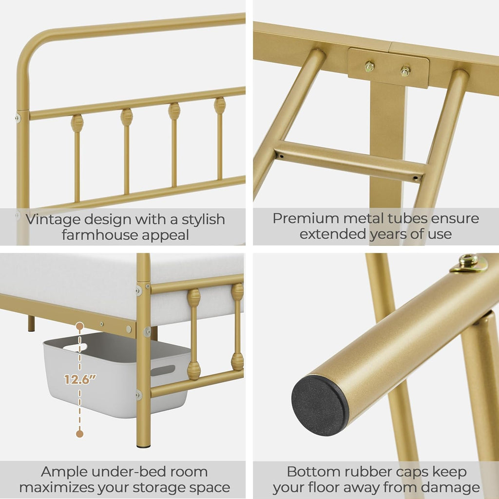 Topeakmart Full Size Victorian Style Metal Bed Frame with Headboard/Mattress Foundation/No Box Spring Needed/Under Bed Storage/Strong Slat Support Antique Gold