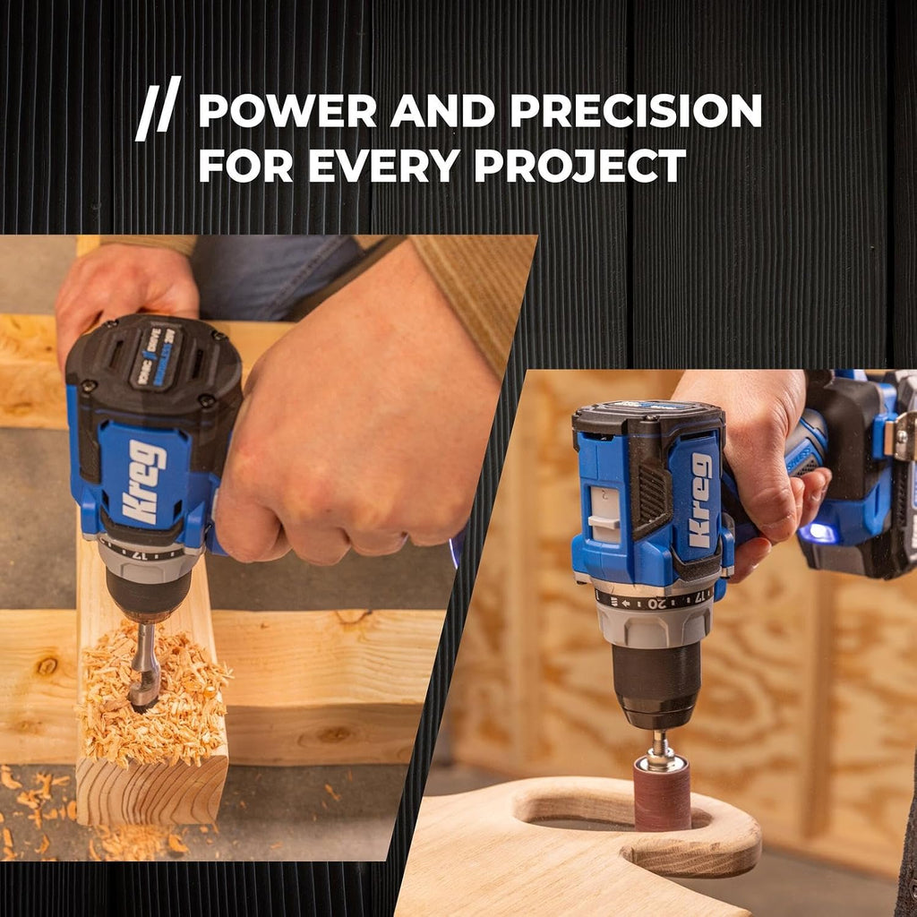 Kreg 20V Ionic Drive 1/2' Compact Drill, 20V Blue Ion Charger & 2Ah Battery Pack - Professional Cordless Drill with Compact Design - For Woodworking & Everyday DIY Applications - KPTBDR050A