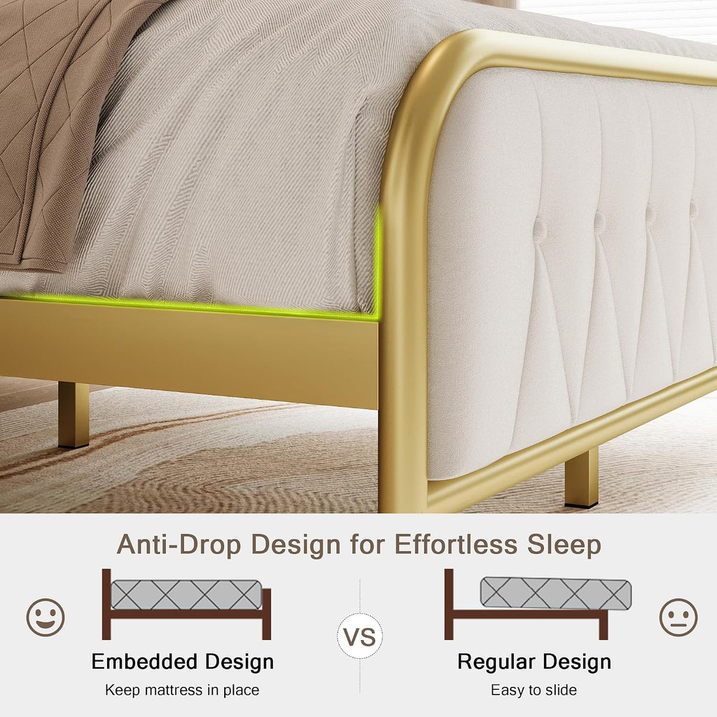 Einhomn Velvet Queen Bed Frame with Charging Station, Platform Bed with Upholstered Storage Headboard & Footboard, 12' Underbed Space, Noise-Free, Easy Assembly, No Box Spring Needed, Beige