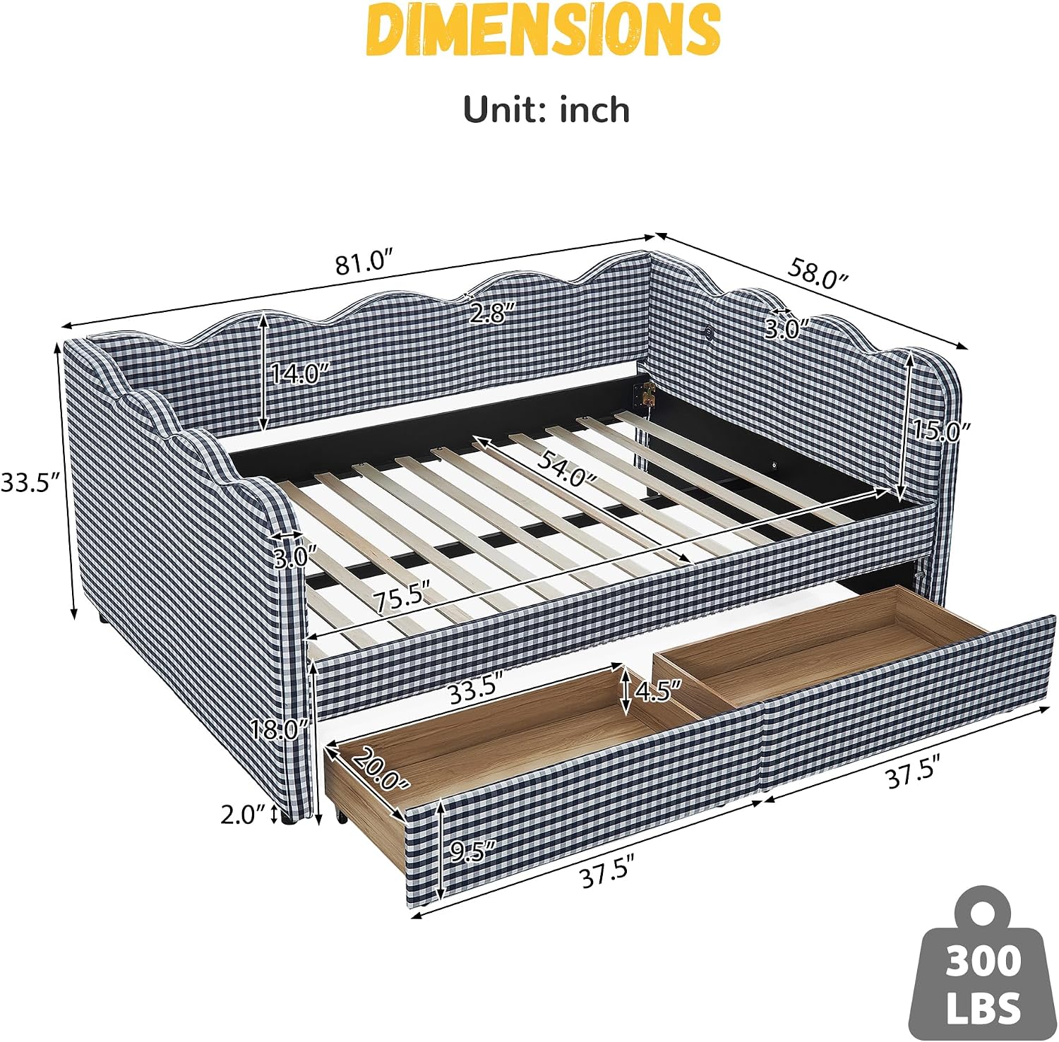 DEINPPA Full Size Upholstered Daybed with 2 Storage Drawers, Gingham Daybed with USB Ports for Bedroom Living Room Guest Room-Navy