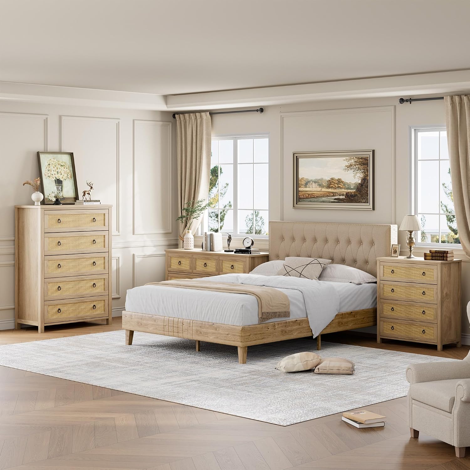 IDEALHOUSE Rattan Dresser for Bedroom with 5 Drawers, 45'' Tall Chest of Large Drawers with Large Clothes Storage Cabinet, Wood Bedroom Dresser, TV Stand for Nursery, Living Room, Enterway