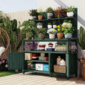 JIJIWANG Potting Bench with Hutch, 50.2' Solid Fir Wood Garden Workstation, Large Countertop, 2 Shelves, 2 Cabinets, 3 Side Hooks, Outdoor Planting Table for Gardening, Forest Green