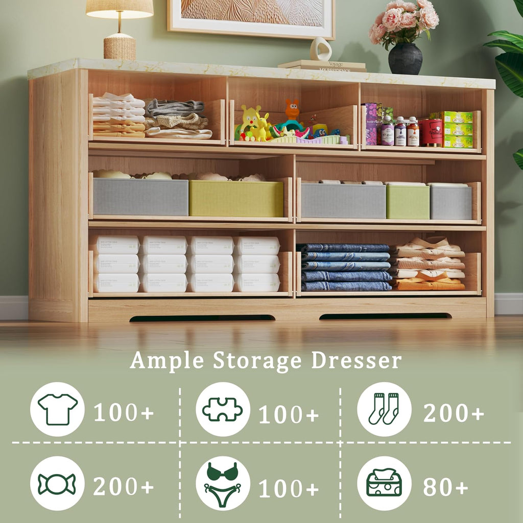 Fluted Dresser for Bedroom with 7 Drawers, 53'' Modern Dressers with Faux Marble Top, Mid Century Chests of Drawers with Gold Handle & Curved Profile, Natural Wood TV Dresser for Bedroom, Living Room