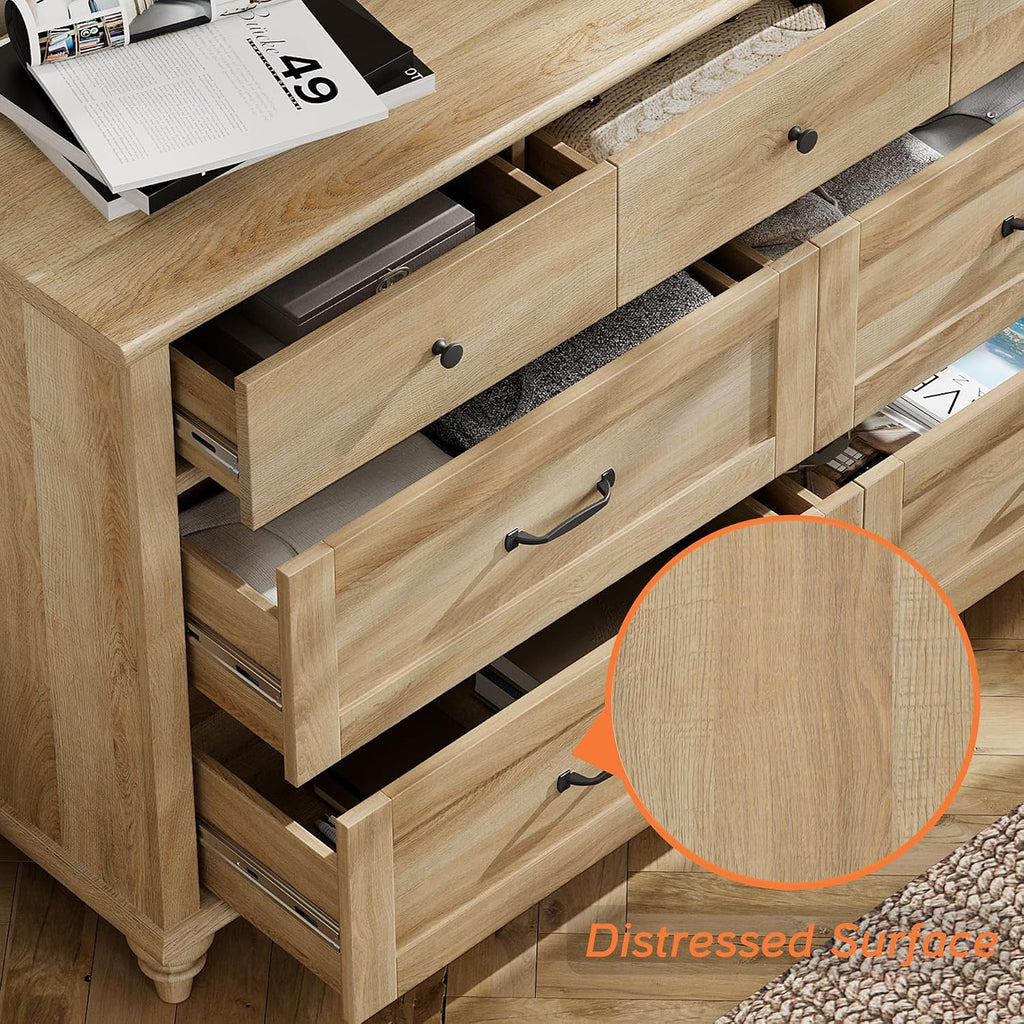 WAMPAT 2 Piece Dresser Set for Bedroom, One Farmhouse Dresser with 7 Drawers, One Baby Chest of Drawers with 5 Drawers, Wooden Closet Storage Organizer Set for Living Room, Kids Room, Oak