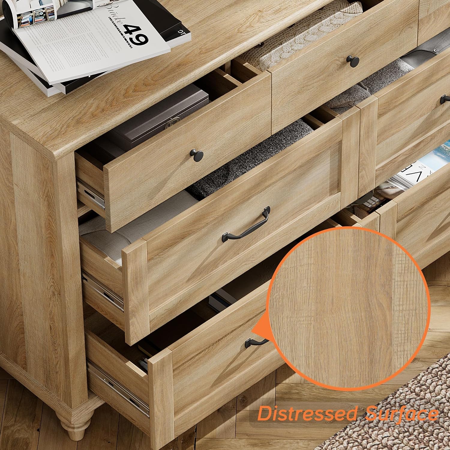 WAMPAT 2 Piece Dresser Set for Bedroom, One Farmhouse Dresser with 7 Drawers, One Baby Chest of Drawers with 5 Drawers, Wooden Closet Storage Organizer Set for Living Room, Kids Room, Oak