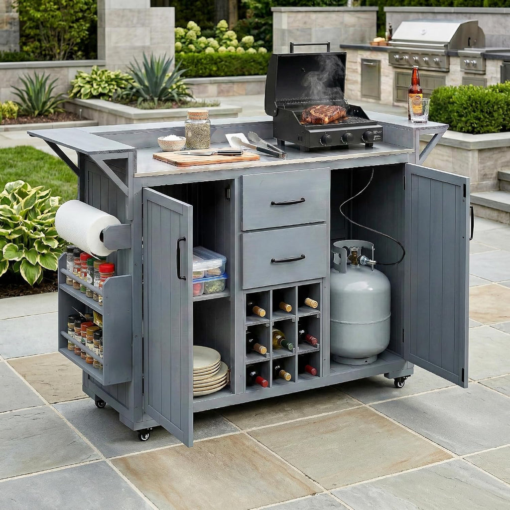 Modern 60.2''W Outdoor Kitchen Island with Wheels,Rolling Patio BBQ Cart with Stainless Steel Top,Wood Grill Cart with Spice Rack&Wine Rack,2 Drawers (Gray-T)