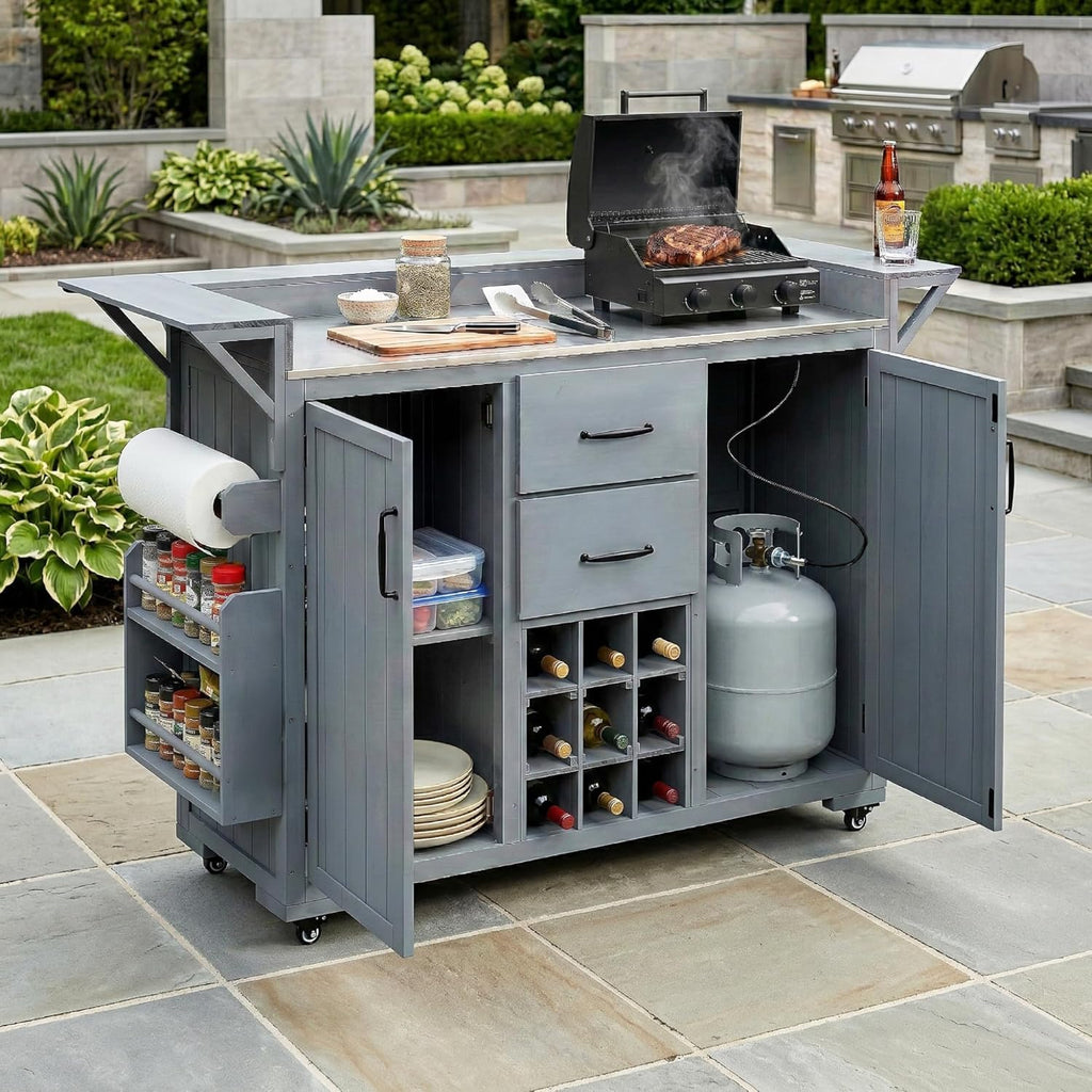roomfitters Outdoor Grill Cart and Kitchen Island, Stainless Steel Top, Portable Potting Bench with Storage, Wheels, Gray