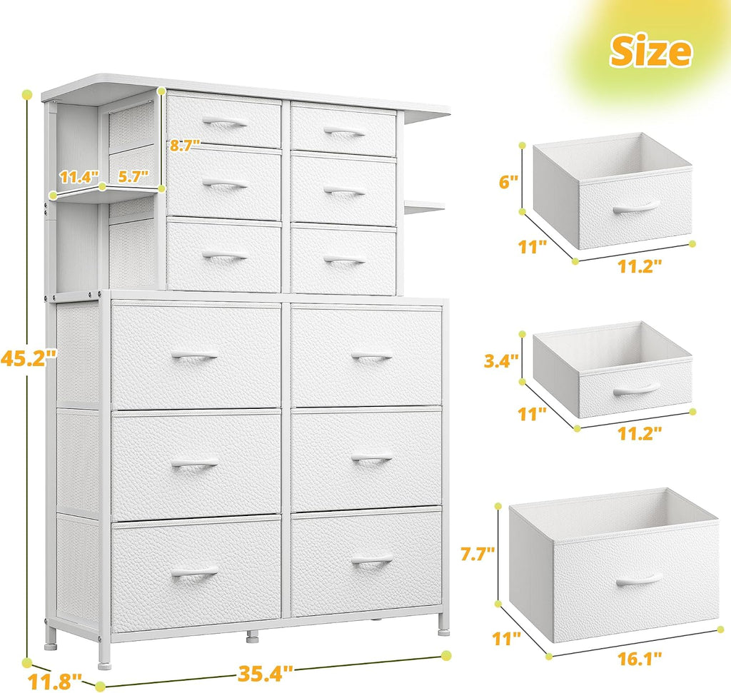White Dresser for Bedroom with 12 Drawers & LED Lights,4 Open Storage Shelves, Fabric Dressers & Chests of Drawers for Living Room, Entryway, Dorm, Metal Frame, Wood Top,45.2' H x 35.4' W x 11.8' D