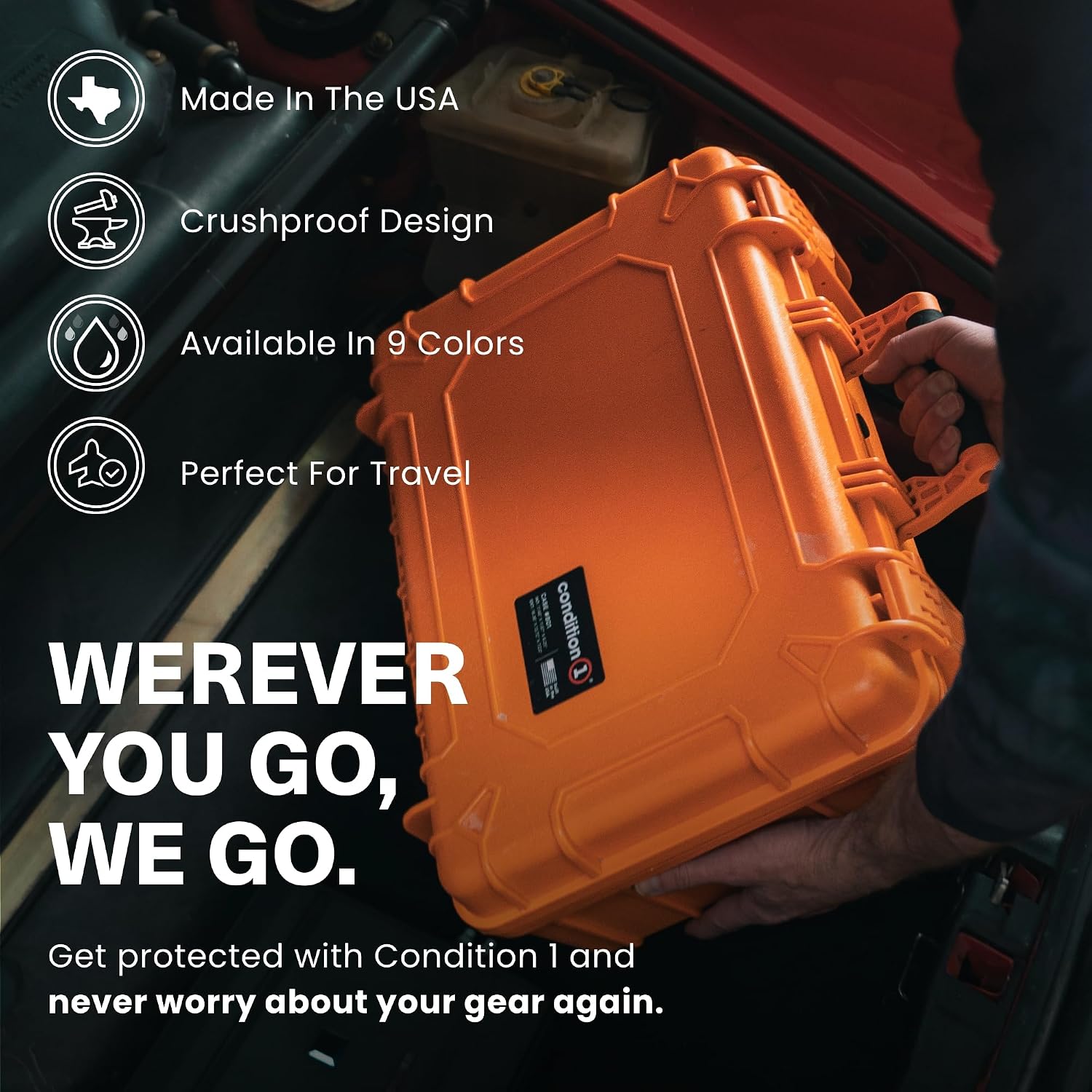 Condition 1 18' Medium Waterproof Hard Case with Foam, Model 801, Portable Protective Storage Box for Travel, Tactical Gear, Made in USA, 18.36'x13.70'x 7.03' Black