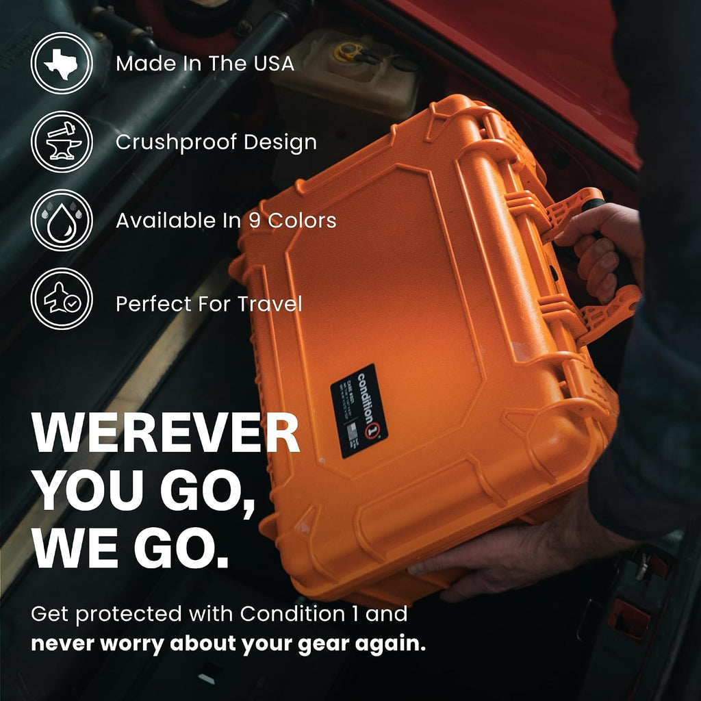 Condition 1 18' Medium Waterproof Hard Case with Foam, Model 801, Portable Protective Storage Box for Travel, Tactical Gear, Made in USA, 18.36'x13.70'x 7.03' Green