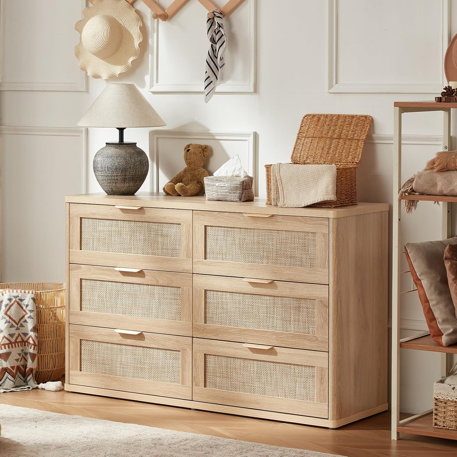 LEYAOYAO Rattan Dresser and Nightstand Sets 3 Piece, Boho Wood Dresser for Bedroom with 6 Drawers and Night Stand with Charging Station, Bedroom Furniture, Dressers & Chests of Drawers, Living Room