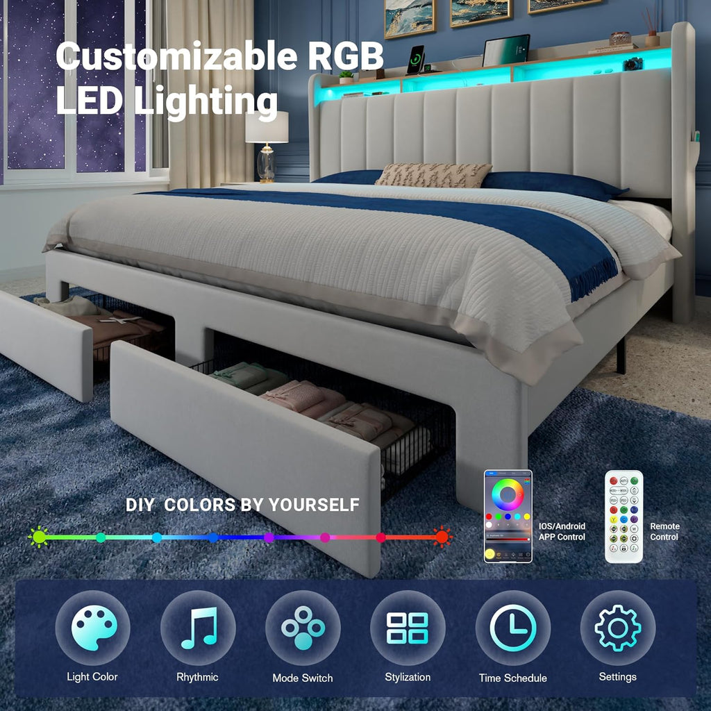 Allewie King Size Bed Frame with 2-Tier LED Storage Headboard, Velvet Upholstered King Platform Bed with 2 Storage Drawers, USB & Type-C Charging Ports, Noise-Free/No Box Spring Needed, White