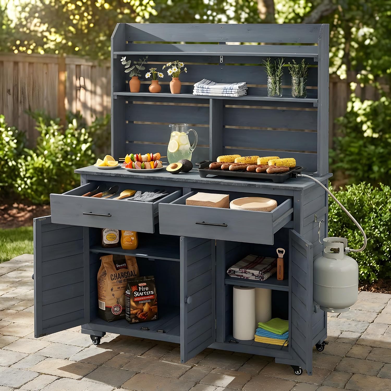 Polibi 65' H Large Garden Potting Bench with Lockable Wheels,Hutch Top & Storage Cabinet, Fir Wood Outdoor Kitchen Island Prep Cart with Drawers and Removable Shelves for Grilling, Gray