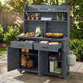 65''H Large Garden Potting Bench with Lockable Wheels and Storage,Wood Outdoor Kitchen Island Prep Cart with Hutch Top,Drawers and Removal Shelves for Grilling (Gray-LG)