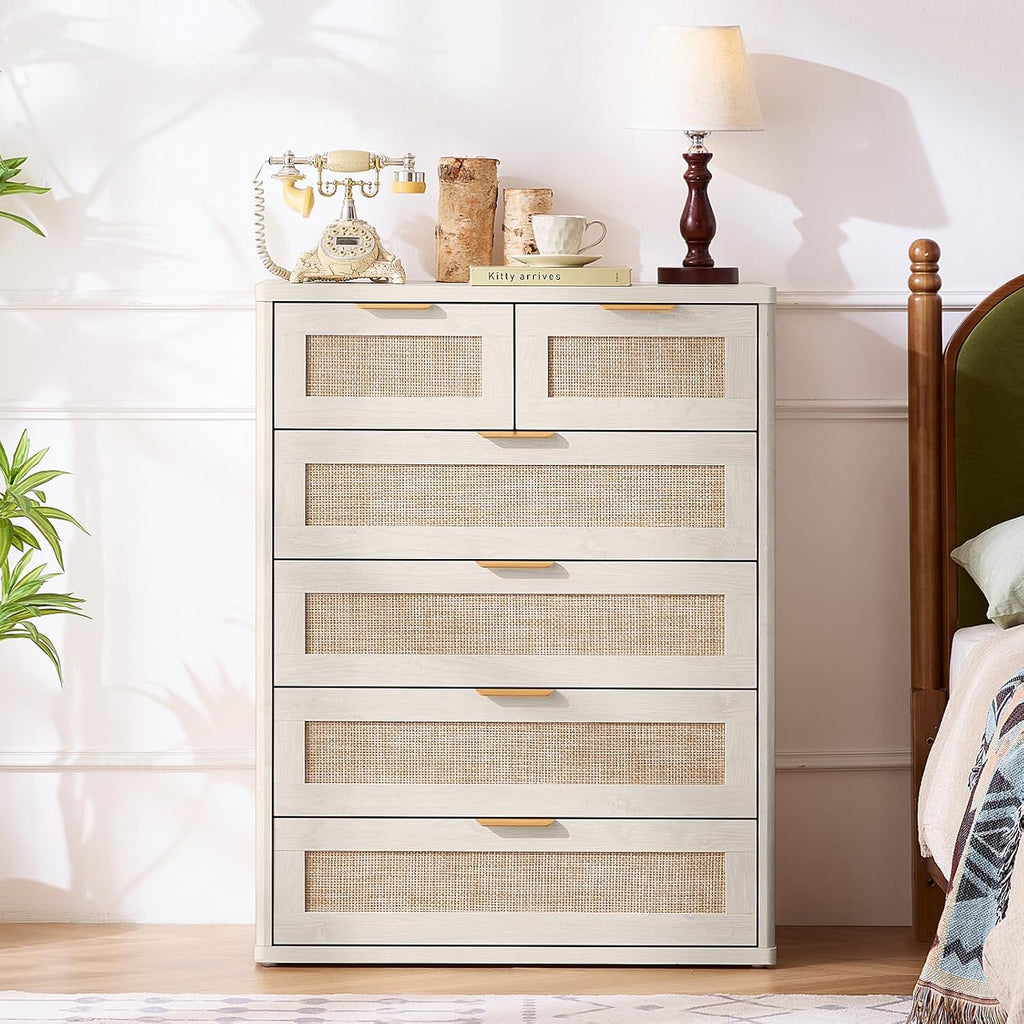 LEYAOYAO White Dresser for Bedroom Set of 2, 41' Tall Chest of Drawers, Modern 6 Drawers Boho Rattan Dressers with Storage, Dresser Wooden Closet Organizer for Living Room, Hallway