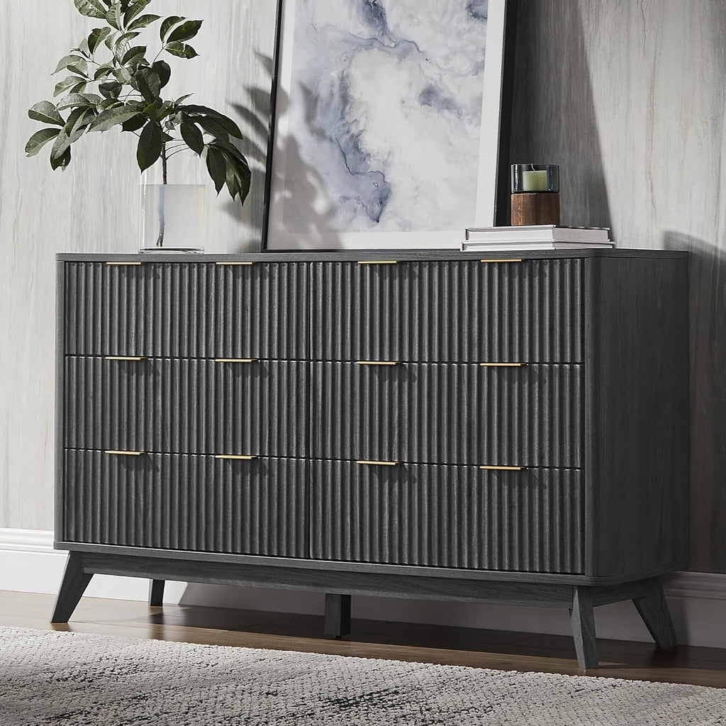 T4TREAM Fluted 6 Drawers Dresser, 54' Wide Modern Chest of Drawers, Curved Profile Design, Dresser TV Stand, Wood Drawer Organizer for Bedroom, Living Room, Hallway, Dark Alder