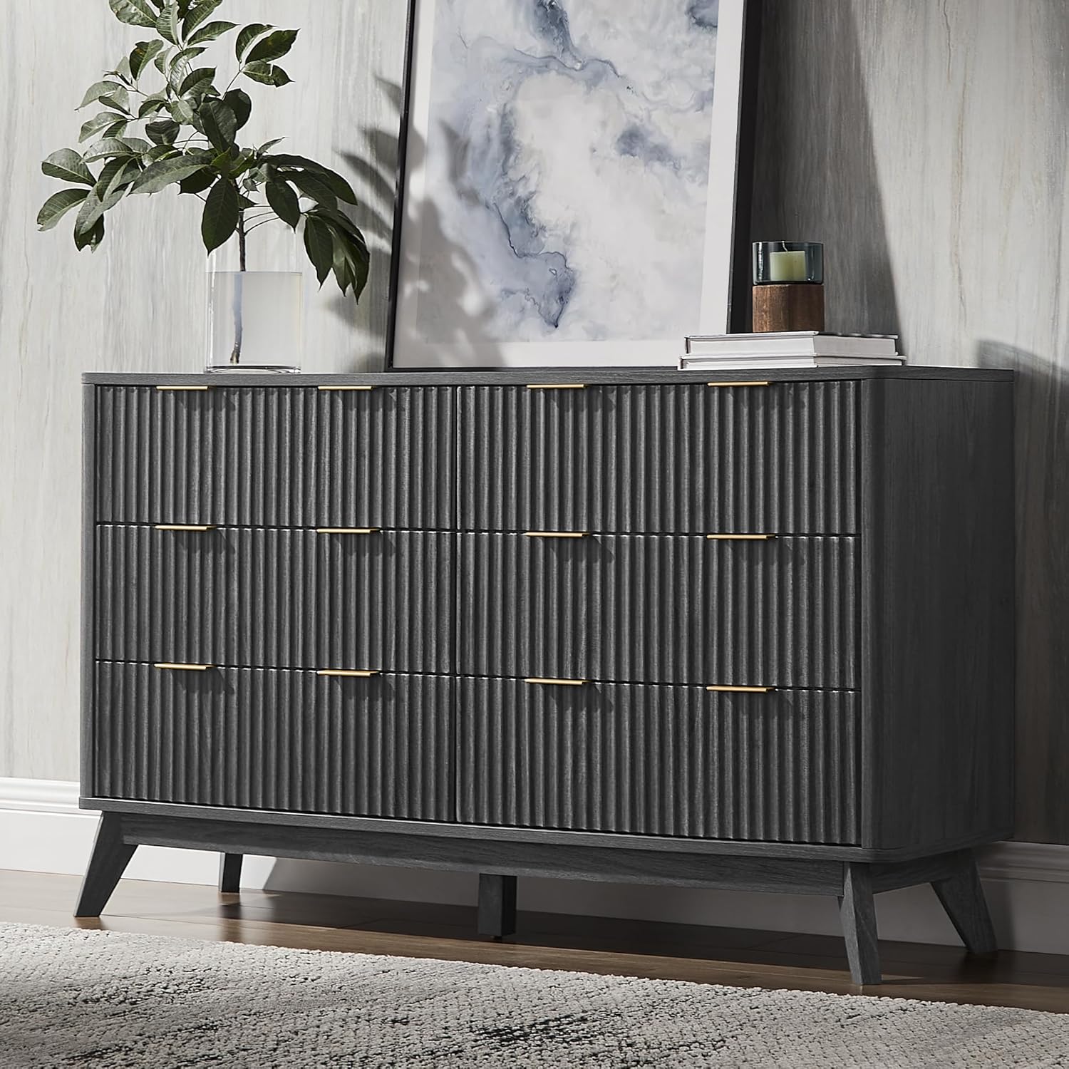 T4TREAM Fluted 6 Drawers Dresser, 54' Wide Modern Chest of Drawers, Curved Profile Design, Dresser TV Stand, Wood Drawer Organizer for Bedroom, Living Room, Hallway, Dark Alder