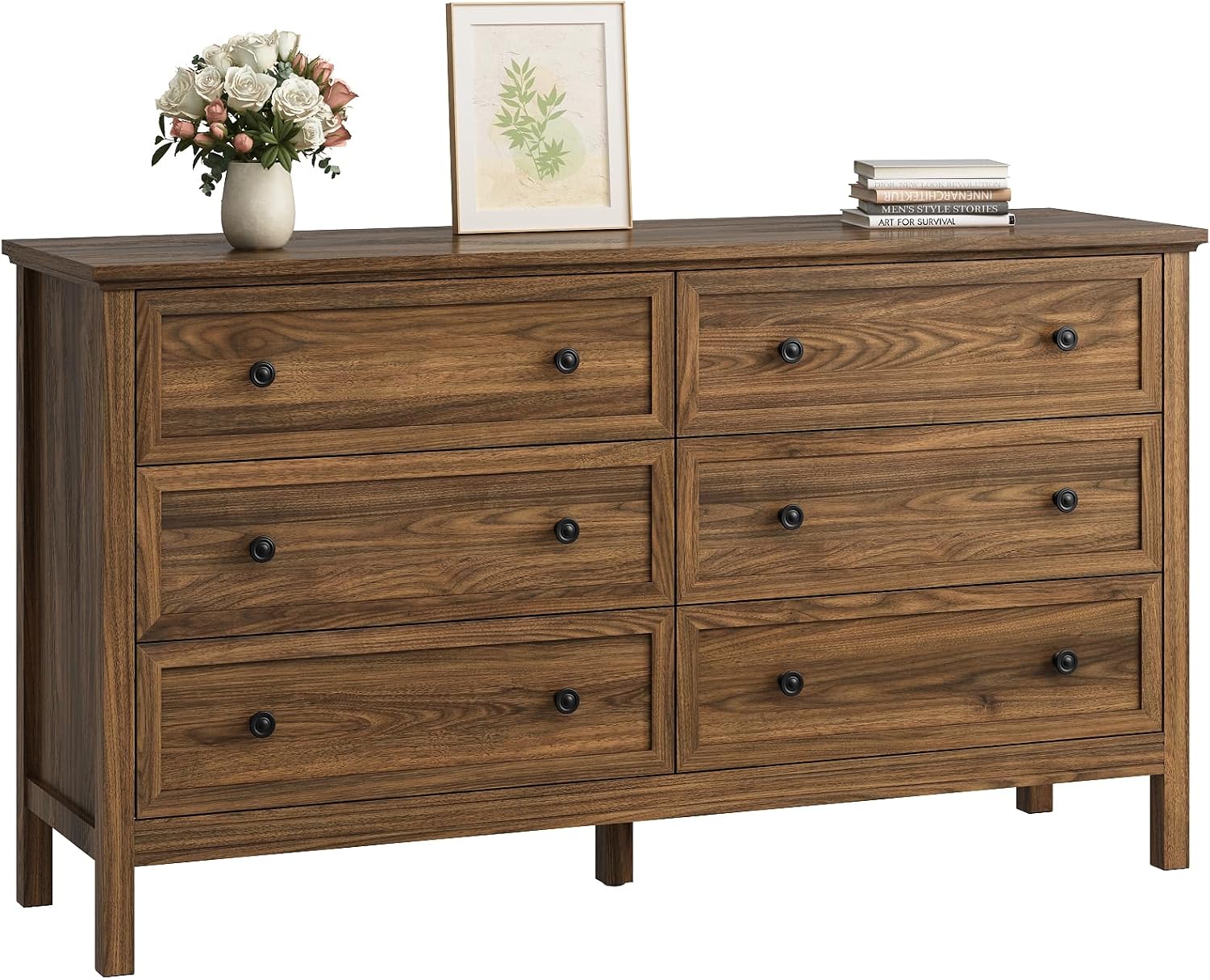 CARPETNAL 55' Walnut Dresser for Bedroom, 6 Drawer Dresser with Wide Drawer and Metal Handles, Wood Dressers & Chests of Drawers for Hallway, Entryway.