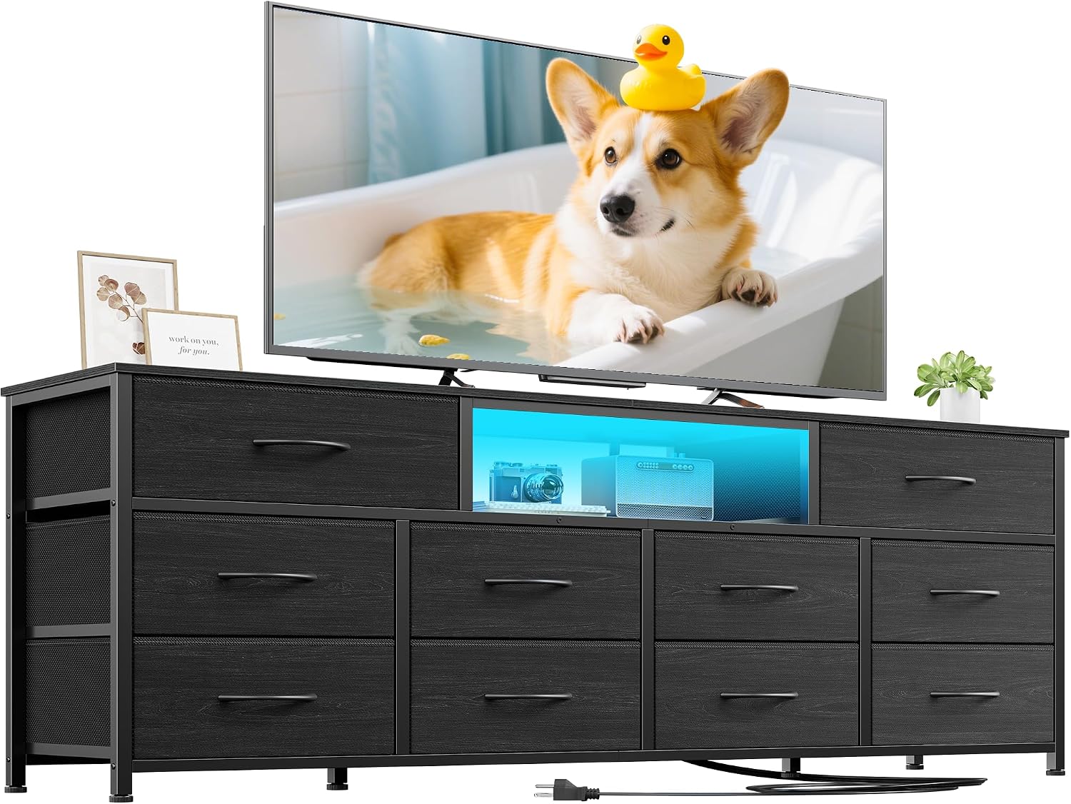 Furnulem 63' Long Dresser for Bedroom, TV Stand for 65 to 75 inch TV, Black Dresser with 10 Fabric Drawers, Chest of Drawer for Closet, Entertainment Center with Power Outlet & LED Light
