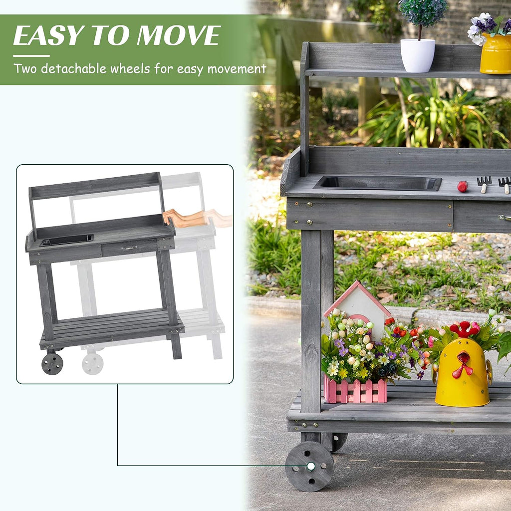 36'' Wooden Potting Bench Work Table with 2 Removable Wheels, Sink, Drawer & Large Storage Spaces, Gray