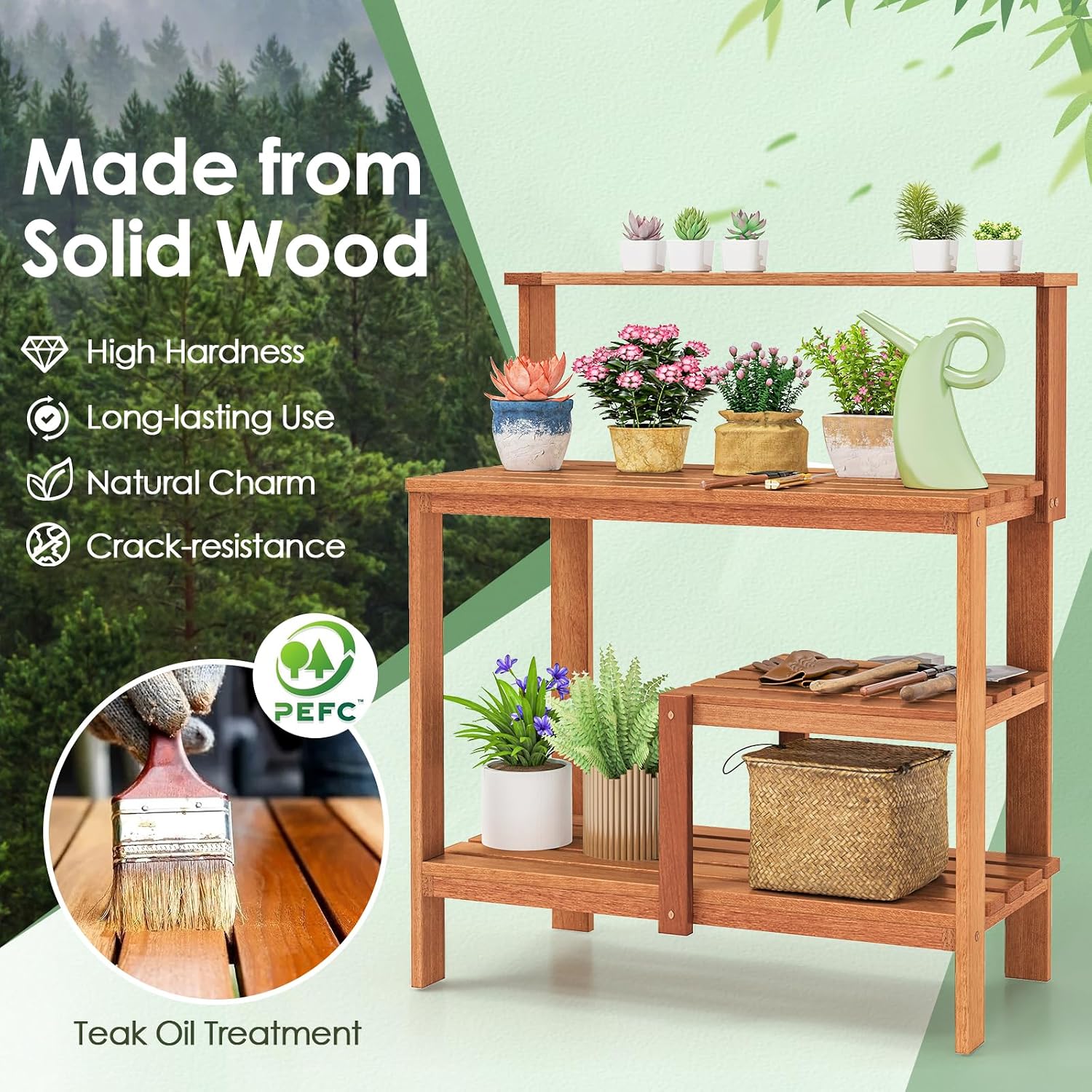 TANGZON Garden Potting Table, Solid Wood Potting Table with Trellis, Open Shelves, Teak Oil Finish, Gardening Workstation & Planting Work Table for Outdoor Patio Backyard Balcony