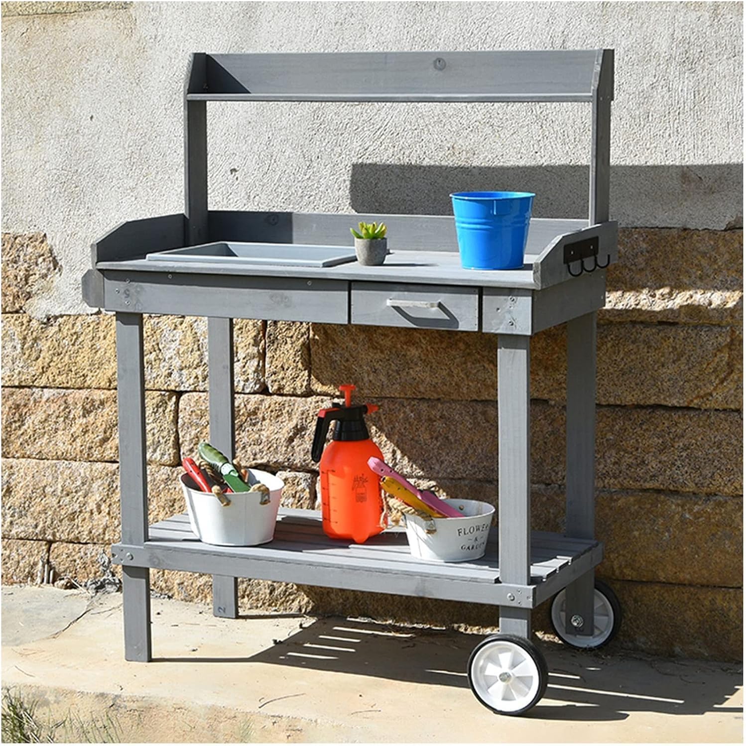 Plant Shelf, Plant Stand Indoor Outdoor, Elevated Flowerpot Box with Wheels, Outdoor Potted Plant Workbench, Drawer/Adjustable Shelf/Detachable Sink