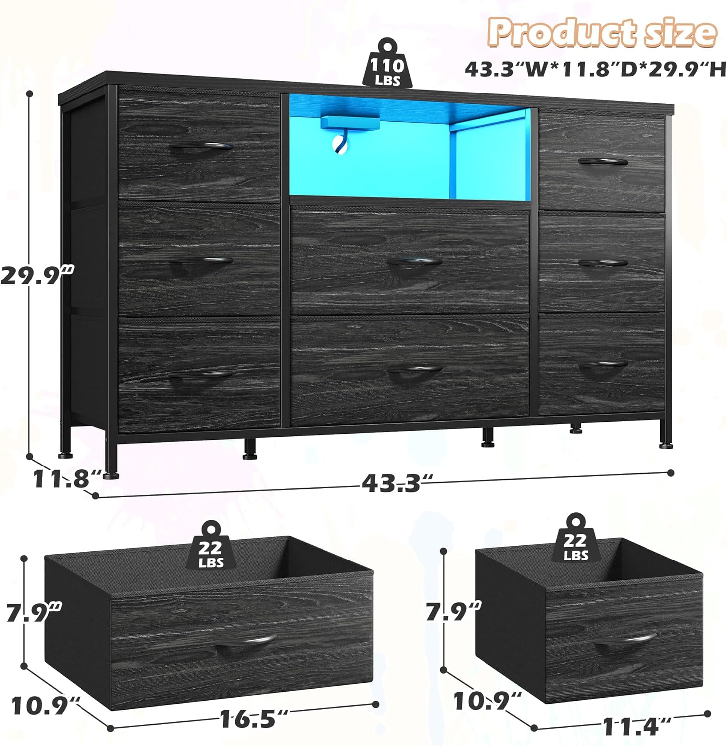 Black Dresser for Bedroom with LED Lights & Charging Station, Dresser TV Stand for Bedroom with 8 Drawer for 55 inch TV, Fabric Dressers & Chests of Drawers with Open Shelves for Hallway Entryway