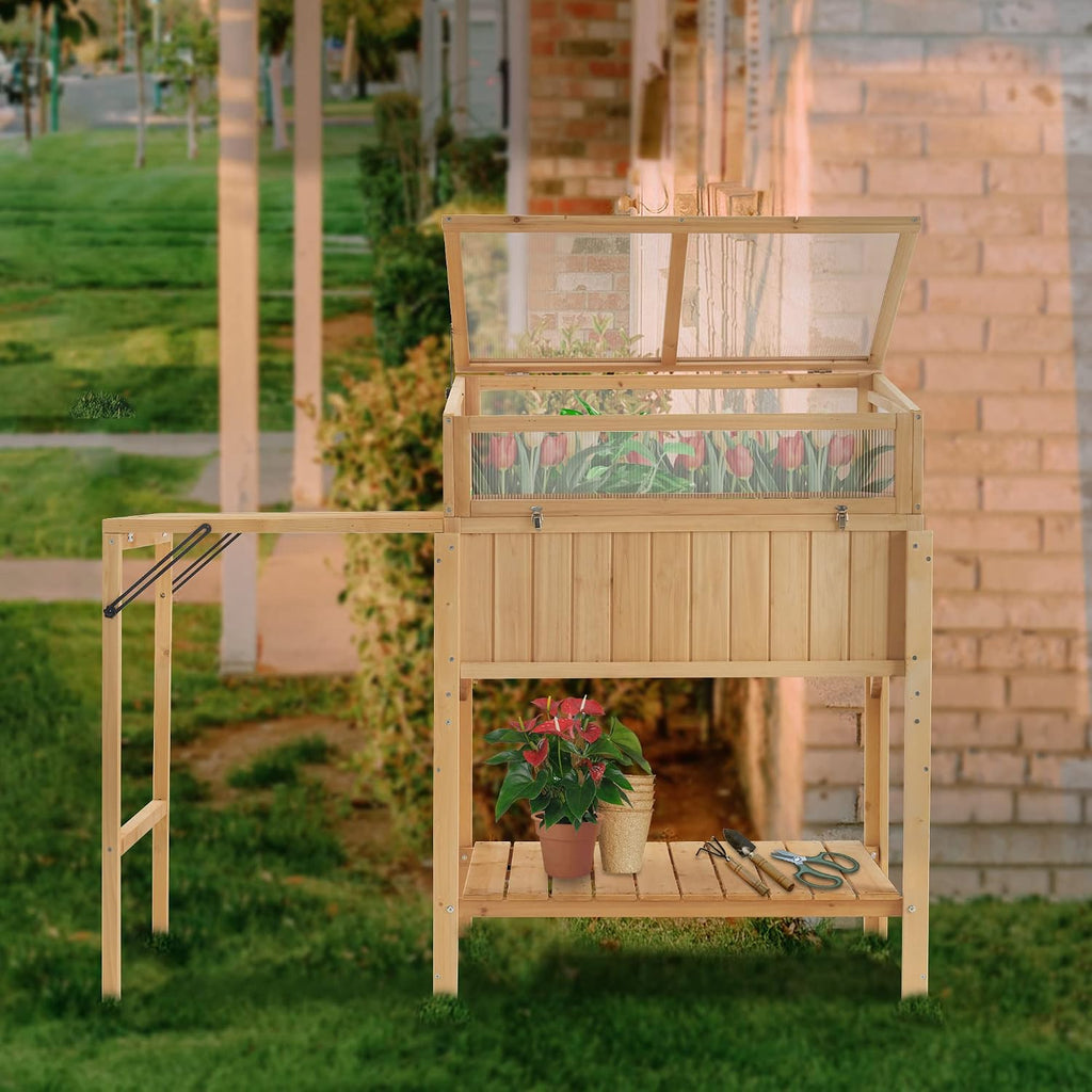 Macrout Cold Frame Greenhouse with Foldable Potting Table, Raised Garden Bed Planter Box with Legs and Wooden Greenhouse with Shelf for Vegetables, Herb and Flowers Use, 0399