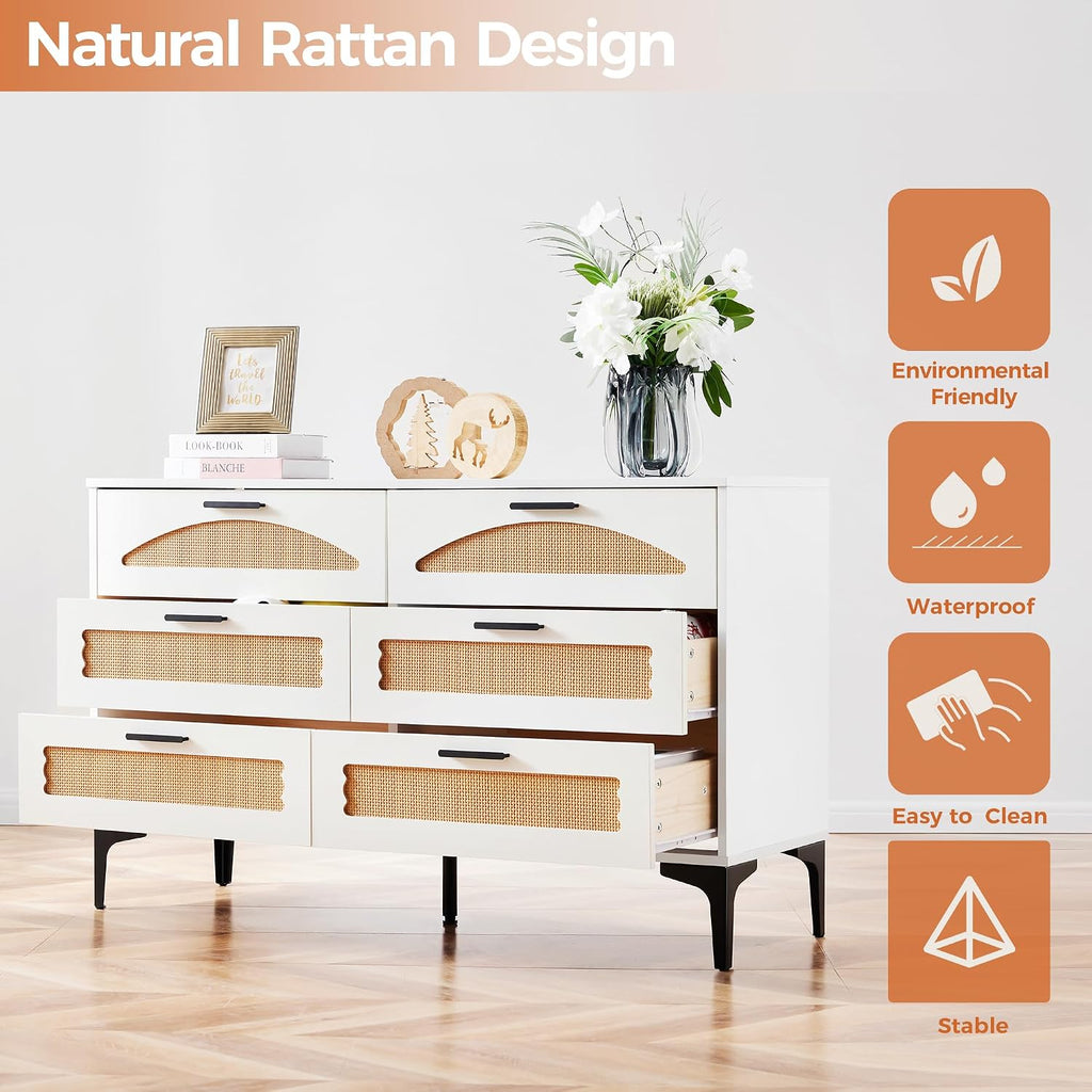 Mericonia 6 Drawer Double Dresser for Bedroom, Wood Rattan Dresser for Closet with Metal Legs, Boho TV Stand with Drawers, Dressers & Chests of Drawers for Bedroom, Hallway and Entryway, White