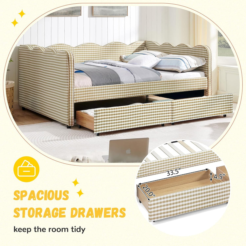 DEINPPA Full Size Upholstered Daybed with 2 Storage Drawers, Gingham Daybed with USB Ports for Bedroom Living Room Guest Room-Brown