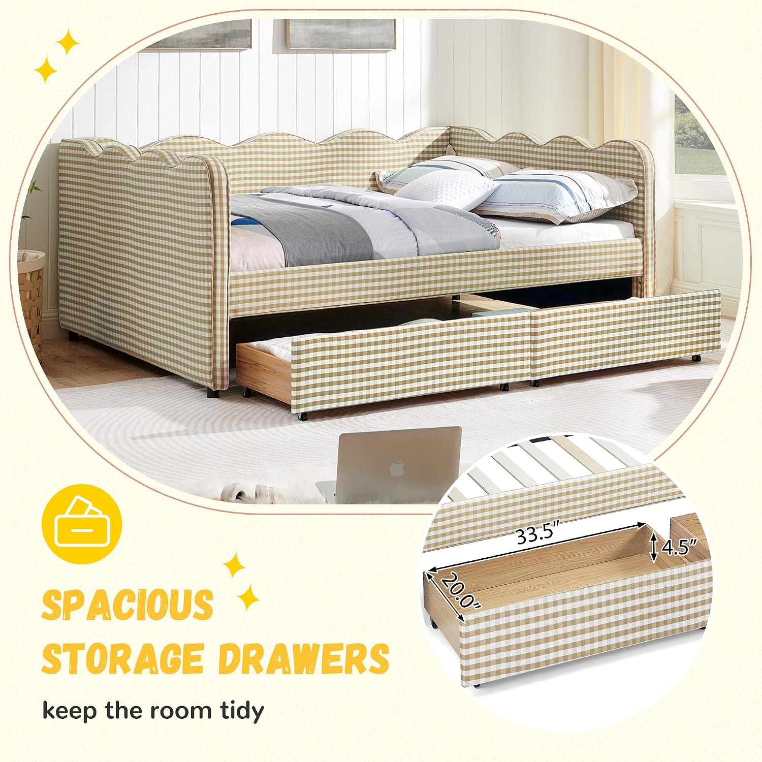 DEINPPA Full Size Upholstered Daybed with 2 Storage Drawers, Gingham Daybed with USB Ports for Bedroom Living Room Guest Room-Brown