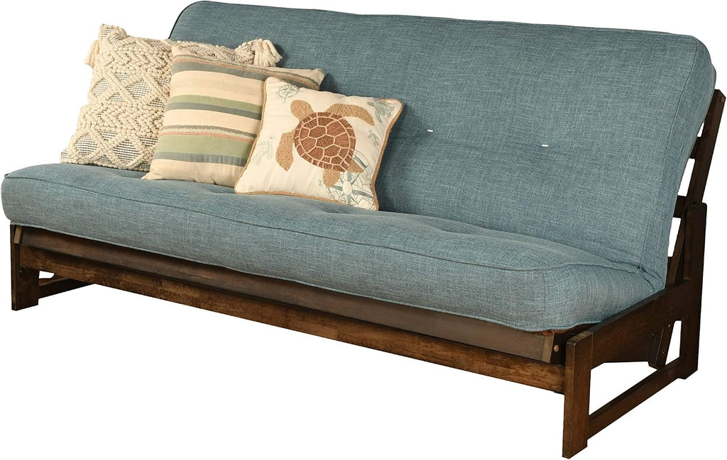 Kodiak Furniture Aspen Futon Set with Reclaim Mocha Finish, Linen Aqua Mattress, Full