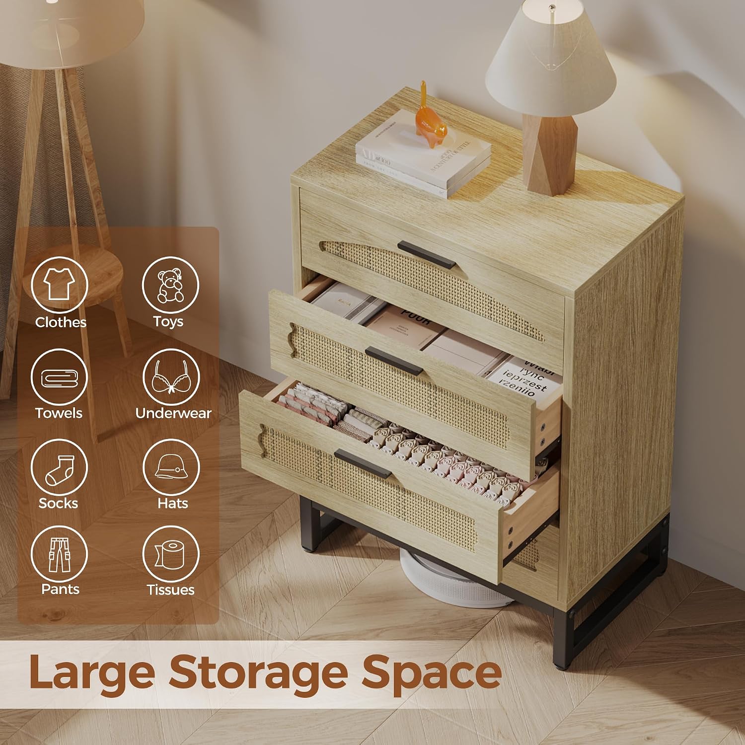 Mericonia 4 Drawer Rattan Dresser for Bedroom, Wood Tall Dresser for Closet with Metal Handles, Boho Nightstand Sets, Dressers & Chests of Drawers for Bedroom, Hallway and Entryway, Oak