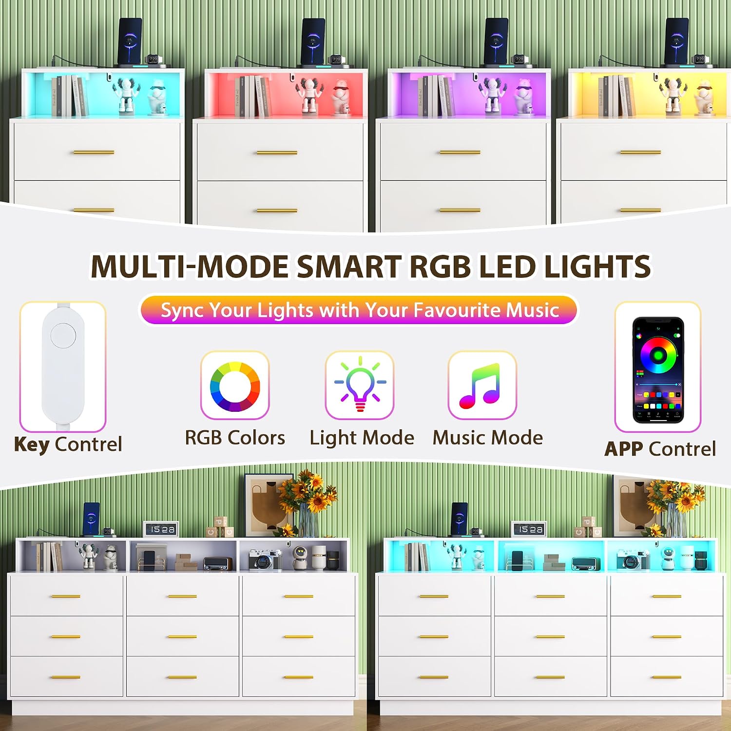 knoworld White 9 Drawer Dressers for Bedroom, Modern Large Dresser with LED Light and Power Outlet, Wooden Long Dresser, Triple Dressers for Bedroom, Entryway, Hallway