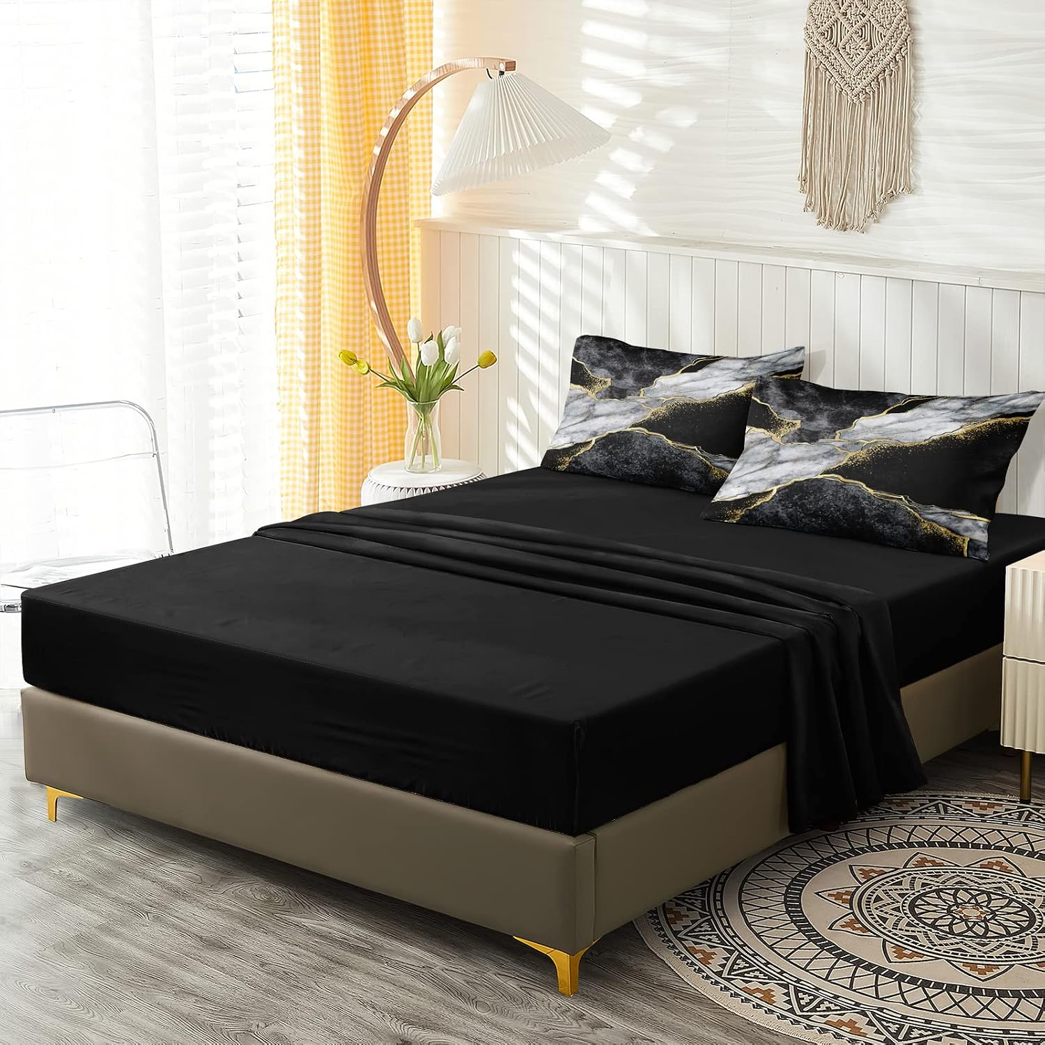 Merryword Black Marble Comforter Set California King 8 Pieces Bed in a Bag Gold Metallic Marble Design Bedding with 1 Comforter, 4 Pillowcase, 1 Flat Sheet, 1 Fitted Sheet, 1 Cushion Cover