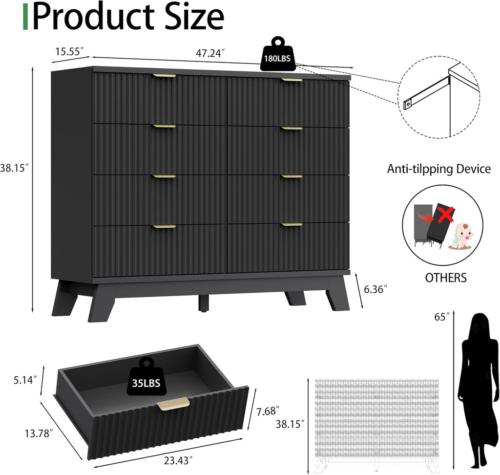 Fluted Dresser for Bedroom with 8 Drawers, 48' Wide Modern Chest of Drawers with Metal Handle, Wooden Dresser TV Stand, Wood Closet Clothes Storage Drawer Organizer for Living Room, Hallway, Black