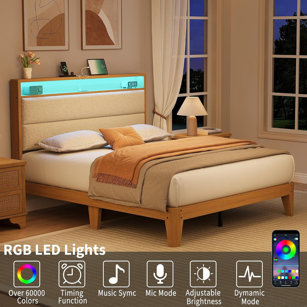 Garvee Full Size Bed Frame with Storage Headboard, LED Boucle Bed Frame with Charging Station, Upholstered Platform Bed, No Box Spring Needed, Easy Assembly, Wooden Slats, Cream