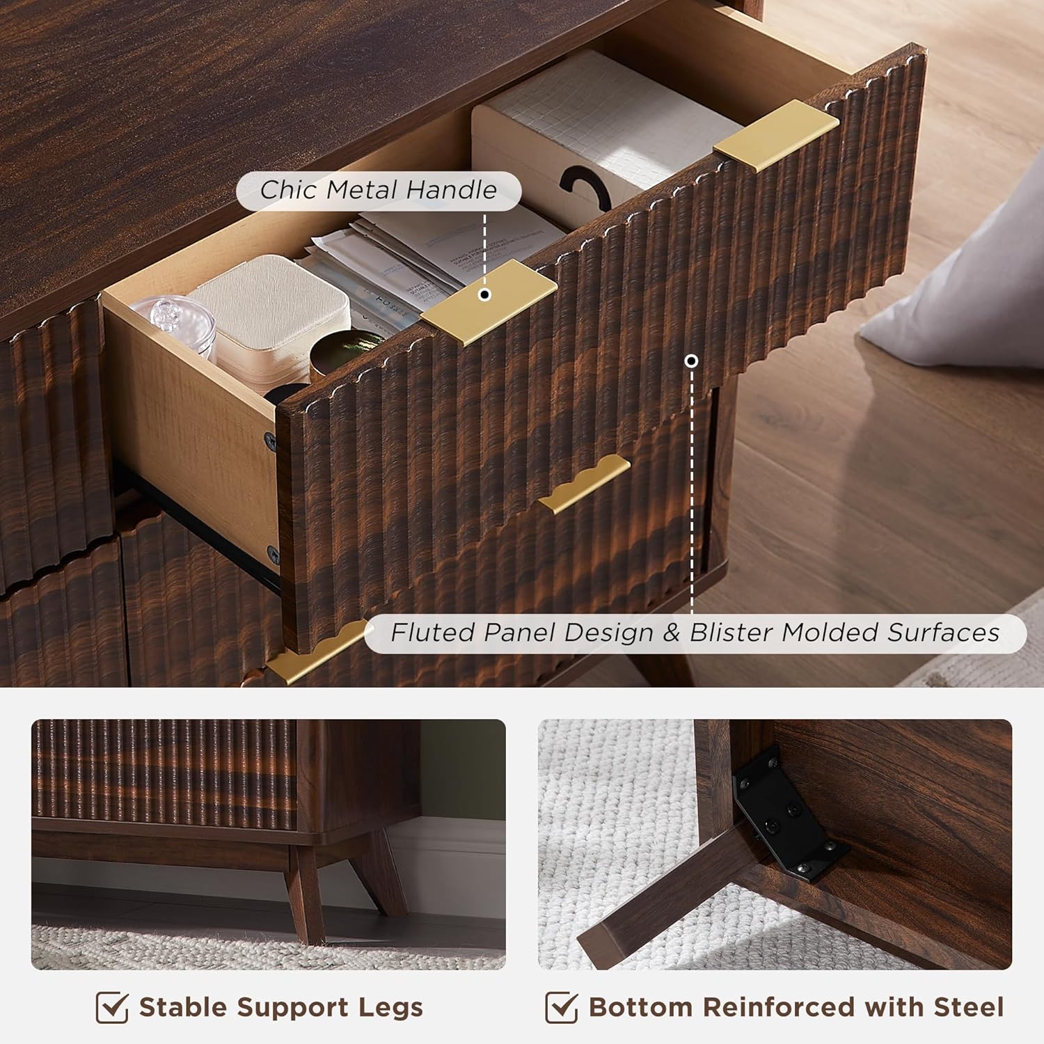 T4TREAM Fluted 6 Drawers Dresser, 54' Wide Modern Chest of Drawers, Curved Profile Design, Dresser TV Stand, Wood Drawer Organizer for Bedroom, Living Room, Hallway, Dark Walnut