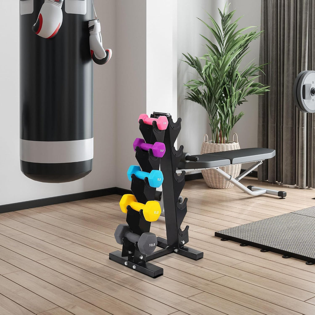 BalanceFrom Neoprene Coated Iron Dumbbell Hex Weights Set with Stand – Color-Coded or Black Options with Non-Slip Grip for Strength Training, Resistance Workouts, and Home Gym Fitness