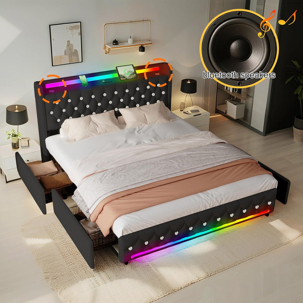 Juego 5-in-1 Full Size Bed Frame with Bluetooth Speakers,Velvet Upholstered Platform Bed with Headboard,Charging Station,LED Lighting,4 Drawers Storage,Wooden Slats Support,No Box Spring Needed,Black