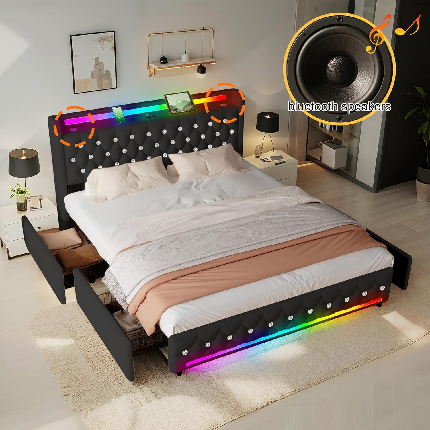 Juego 5-in-1 Full Size Bed Frame with Bluetooth Speakers,Velvet Upholstered Platform Bed with Headboard,Charging Station,LED Lighting,4 Drawers Storage,Wooden Slats Support,No Box Spring Needed,Black