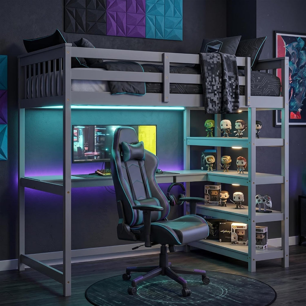 Merax Wood Loft Bed with Desk : Twin Size Loft Bed with 4-Storage Shelves and Under Bed Desk Solid Wood Bed, Grey
