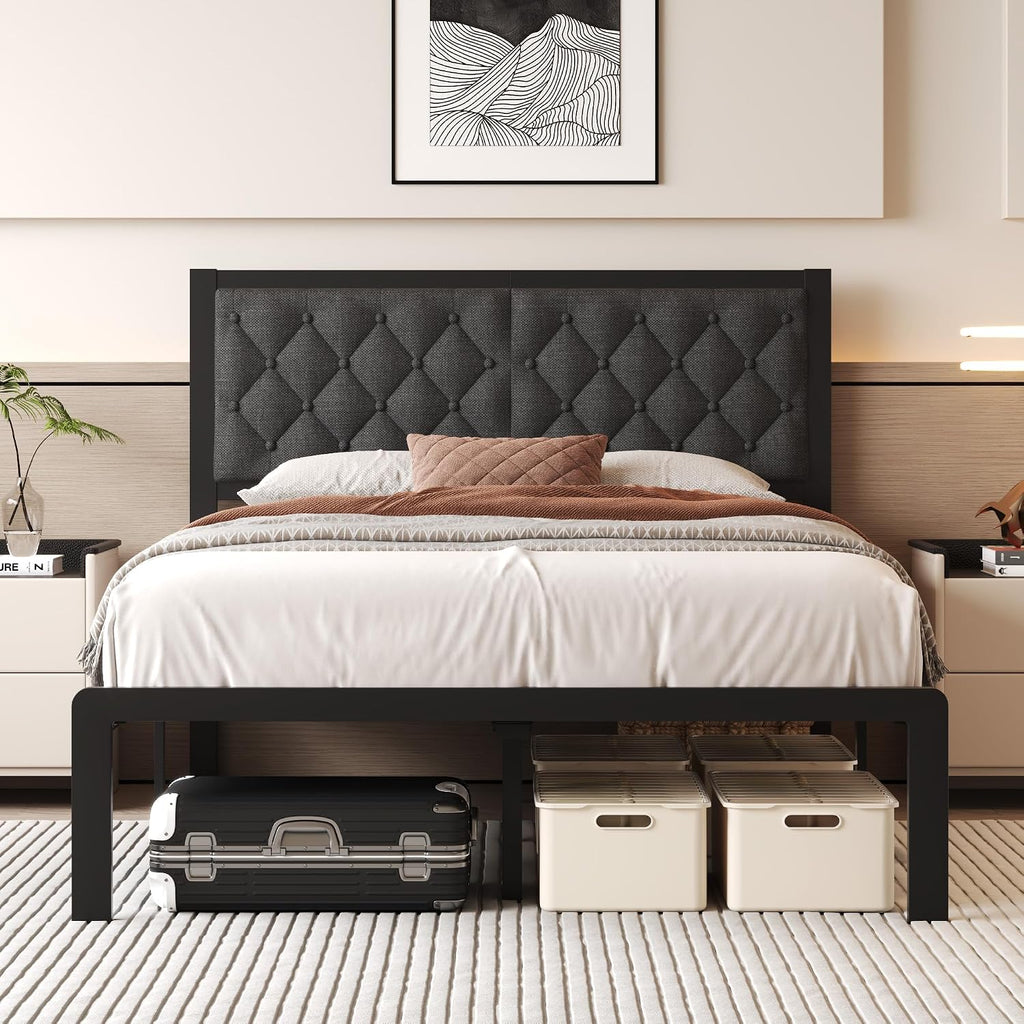 Fluest Full Bed Frame with Headboard Linen Upholstered Bed Frame Platform,All Metal Slats Support Platform Bed Frame with Storage Space,Easy Assembly,Noise Free,No Box Spring Needed,Grey