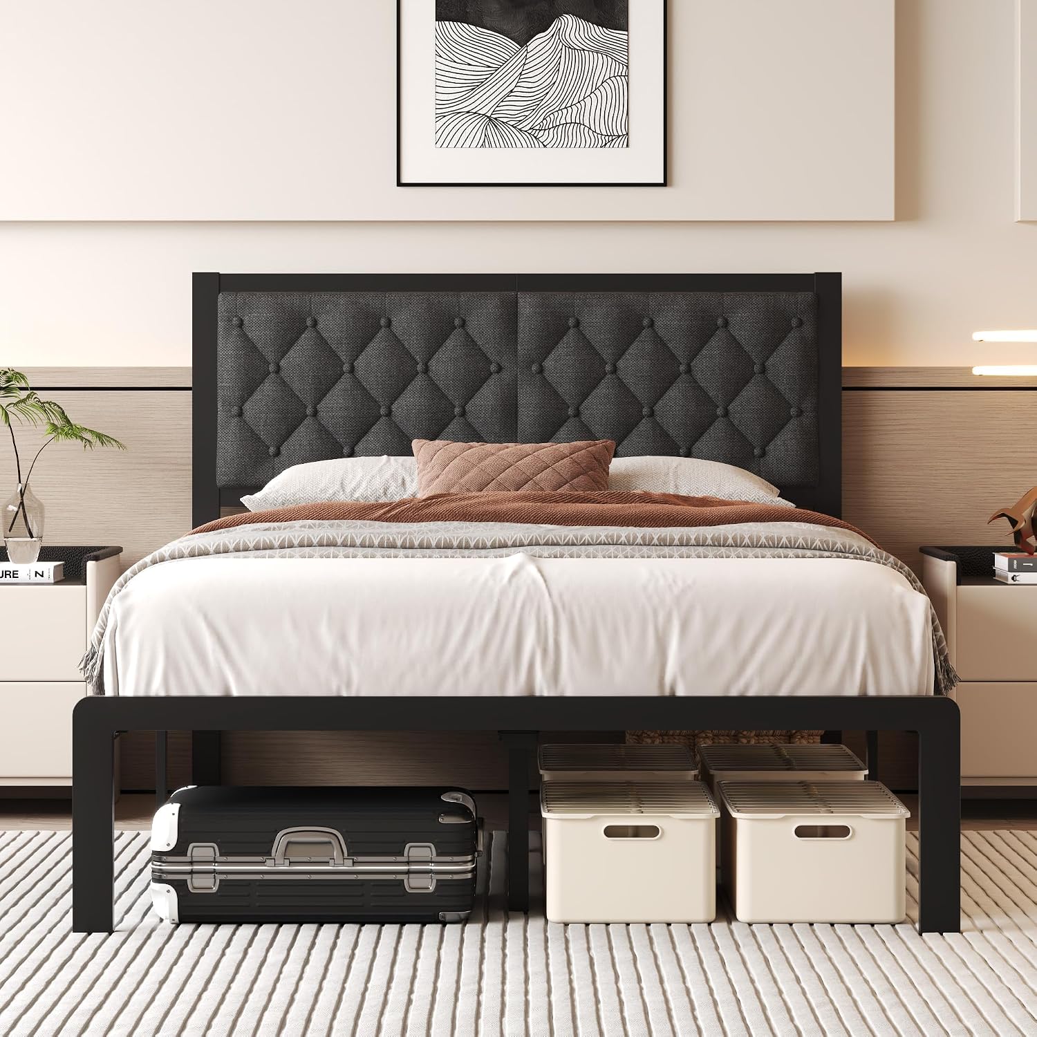 Fluest Full Bed Frame with Headboard Linen Upholstered Bed Frame Platform,All Metal Slats Support Platform Bed Frame with Storage Space,Easy Assembly,Noise Free,No Box Spring Needed,Grey