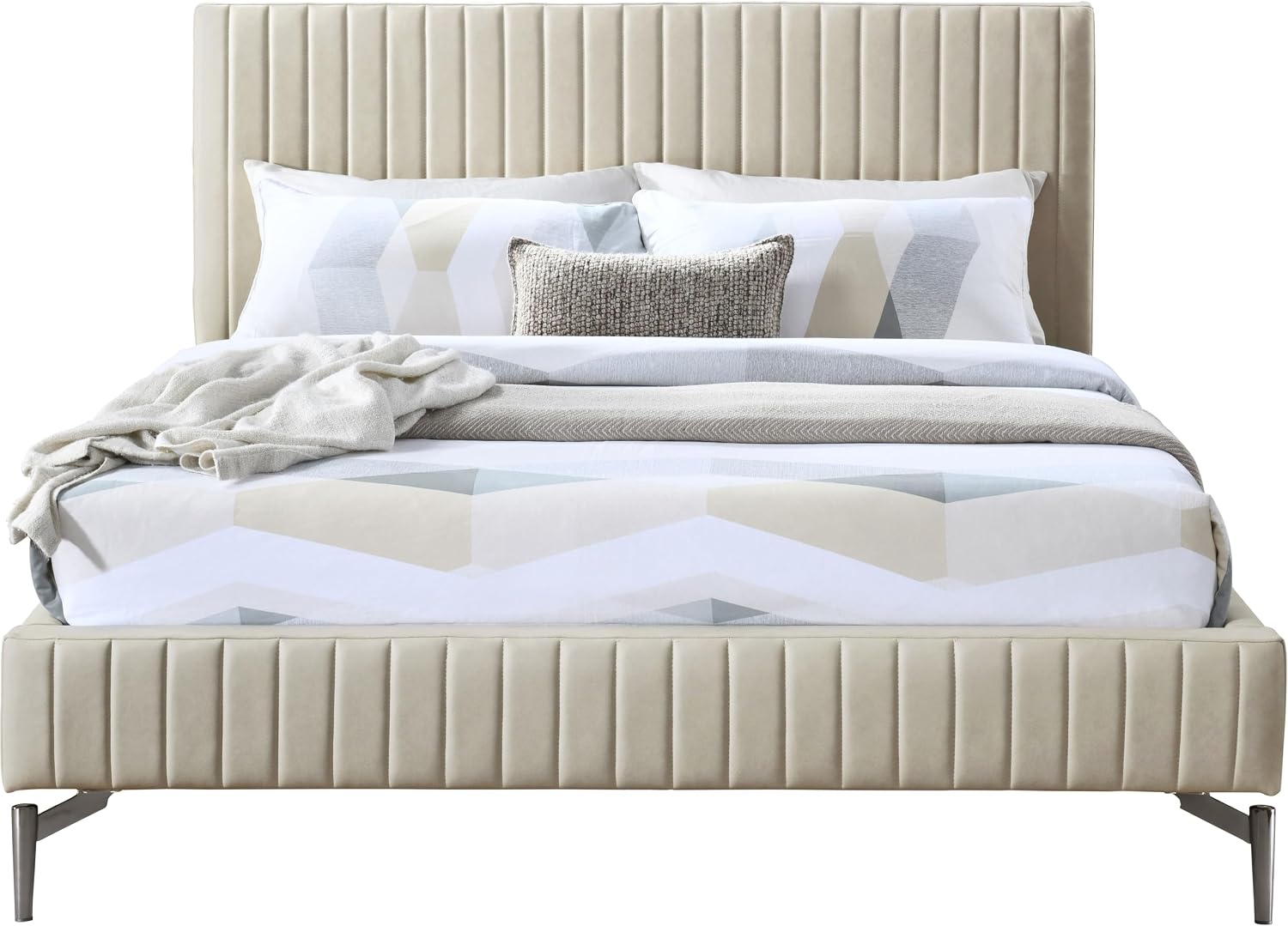 Meridian Furniture GalloBeige-F Gallo Collection Modern | Contemporary Full Bed with Soft Beige Vegan Leather, Deep Channel Tufting and Black Metal Legs, 60' W x 84.5' D x 43.5' H, Beige, Full