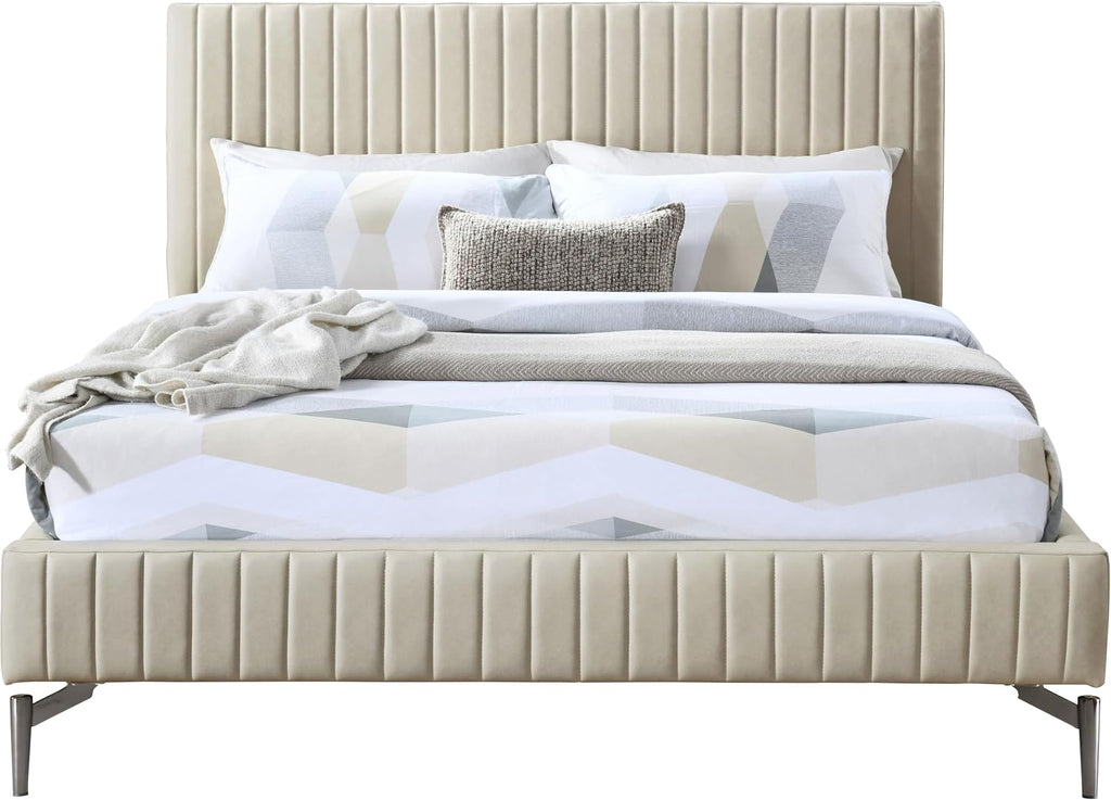 Meridian Furniture GalloBeige-Q Gallo Collection Modern | Contemporary Queen Bed with Soft Beige Vegan Leather, Deep Channel Tufting and Black Metal Legs, 65.5' W x 89' D x 43.5' H, Beige, Queen